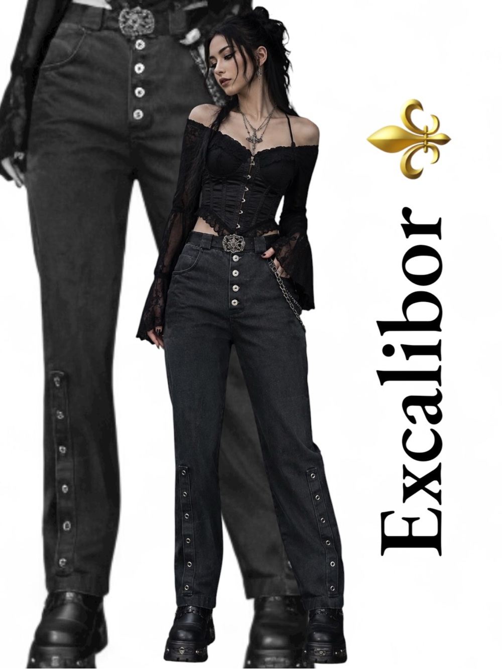 🇨🇦 Vintage Excalibor Black High Rise Jeans Lace Up 90s Medieval Goth Victorian